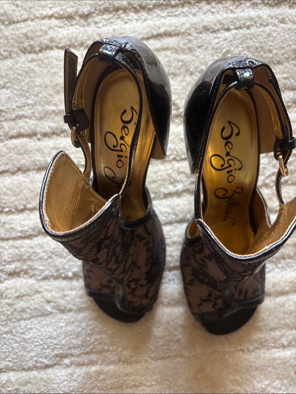Sergio Zelcer Black Lace Peep-Toe Ankle-Strap Heels